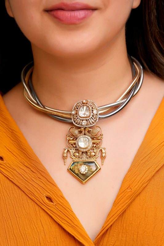 Tri-Tone Metallic Boho Choker | Heritage Kundan Pendant Necklace with Labradorite & Royal Peacock Motifs