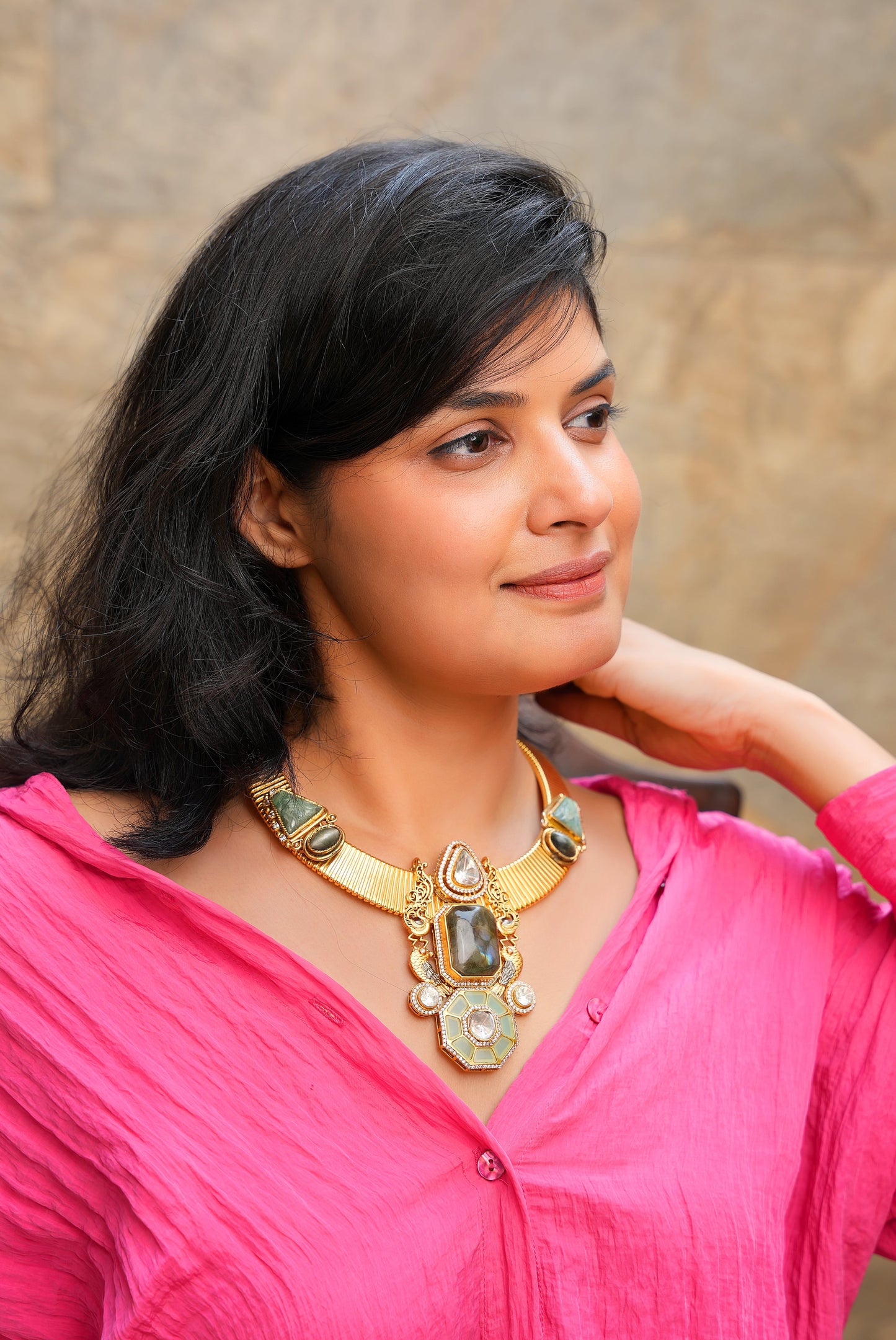 Antique Gold Ribbed Choker | Artisan Heritage Necklace with Labradorite, Jade, and Royal Polki Motifs