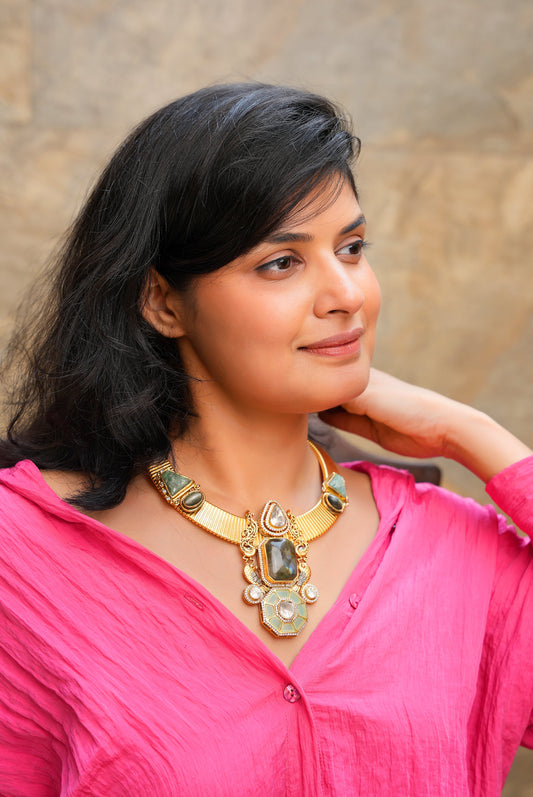 Antique Gold Ribbed Choker | Artisan Heritage Necklace with Labradorite, Jade, and Royal Polki Motifs