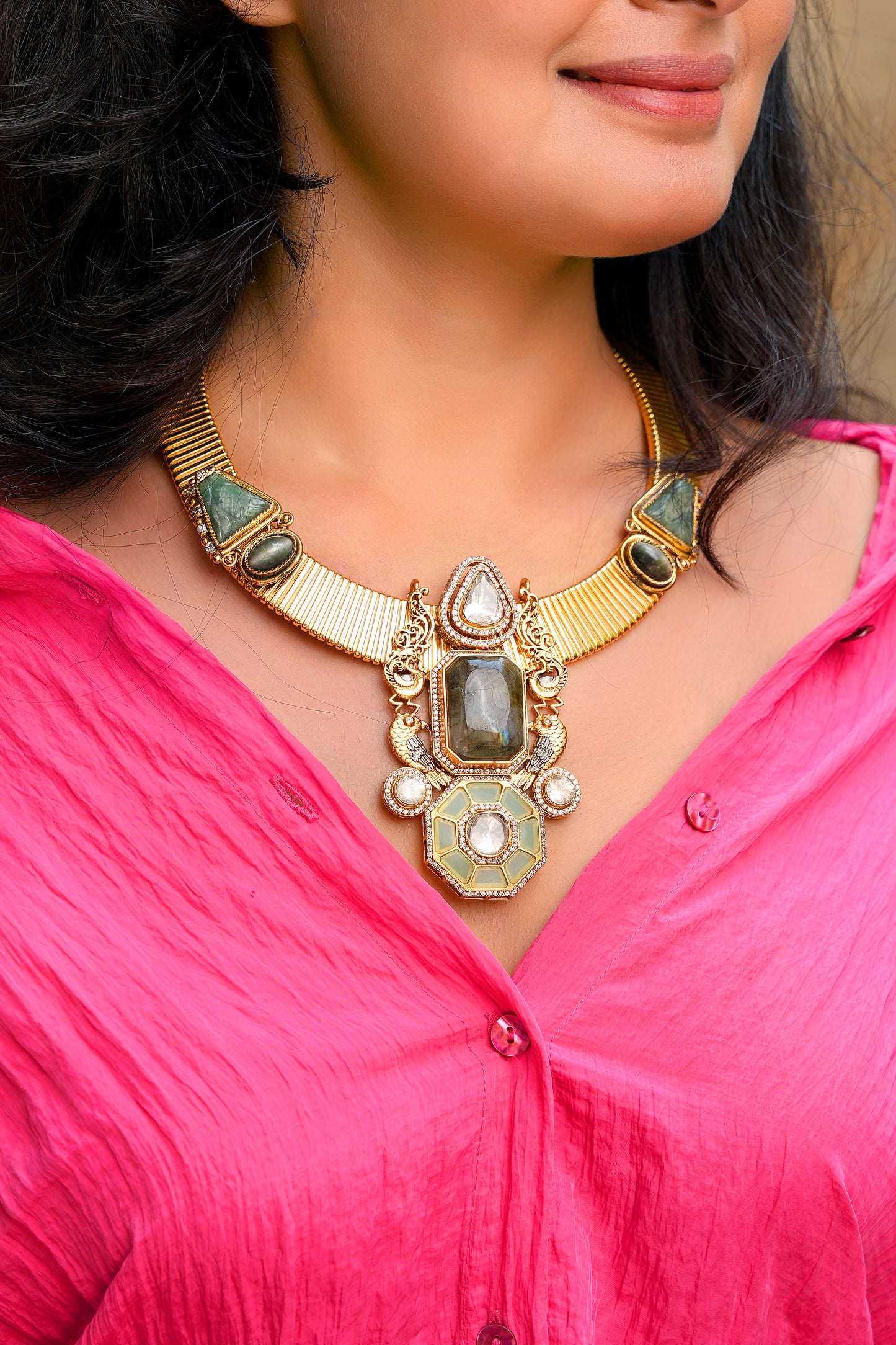 Antique Gold Ribbed Choker | Artisan Heritage Necklace with Labradorite, Jade, and Royal Polki Motifs