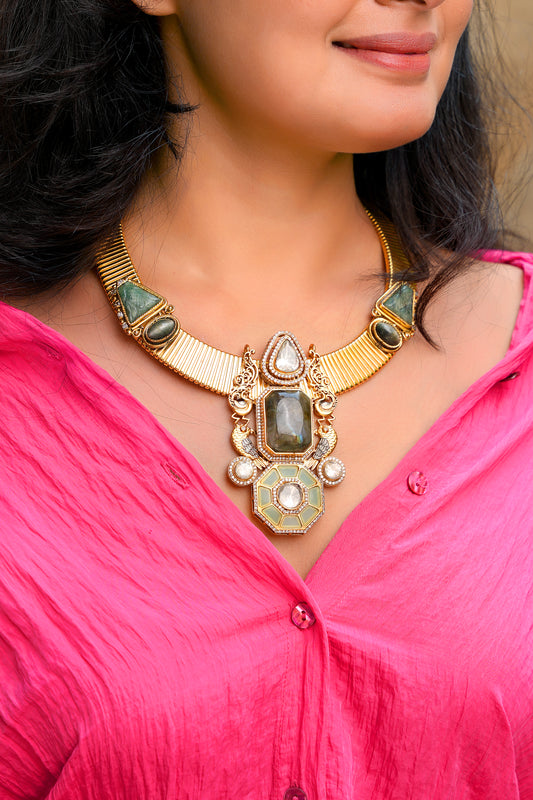 Antique Gold Ribbed Choker | Artisan Heritage Necklace with Labradorite, Jade, and Royal Polki Motifs