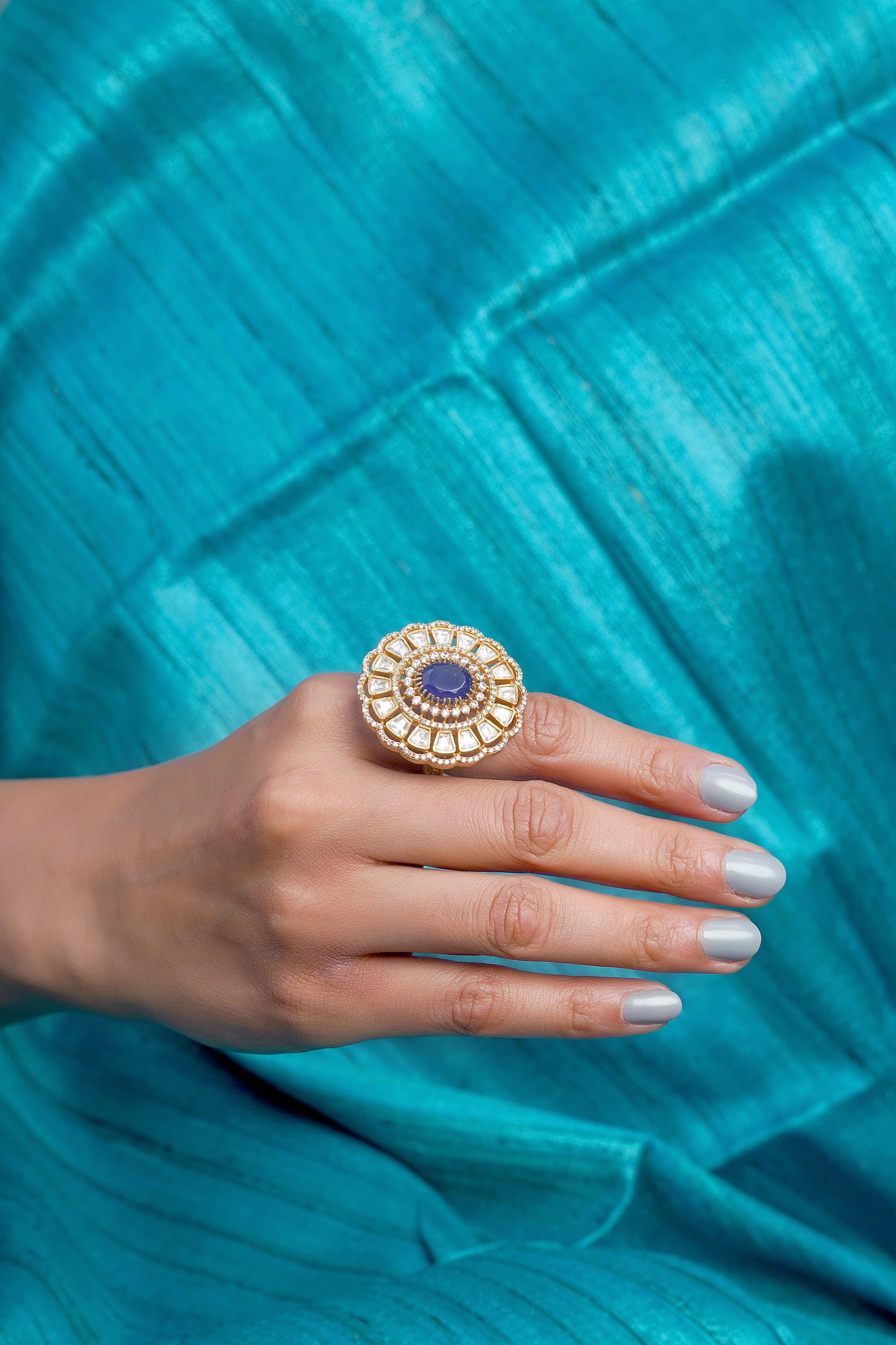 Royal Blue Stone Polki Kundan Jadau Dome Ring