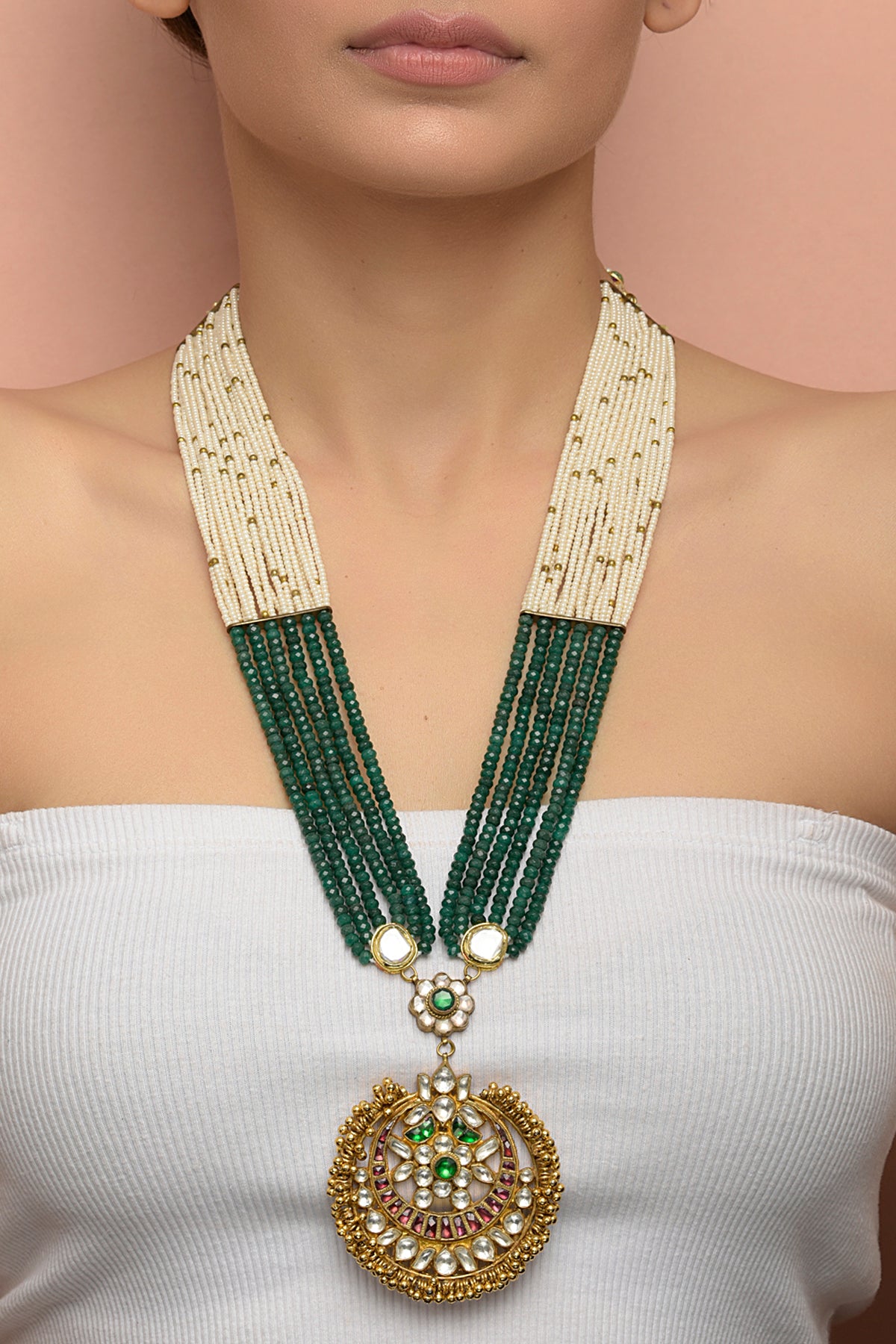 Gold Plated Kundan & Green Stone Multilayered Long Necklace