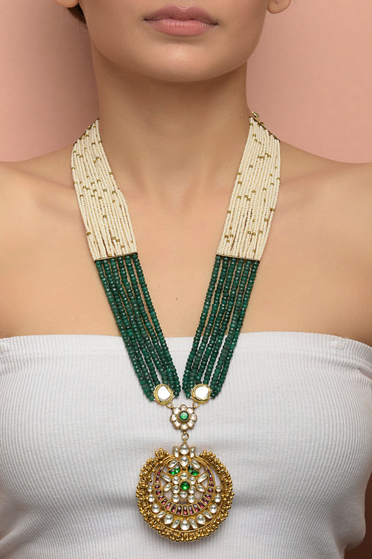 Gold Plated Kundan & Green Stone Multilayered Long Necklace
