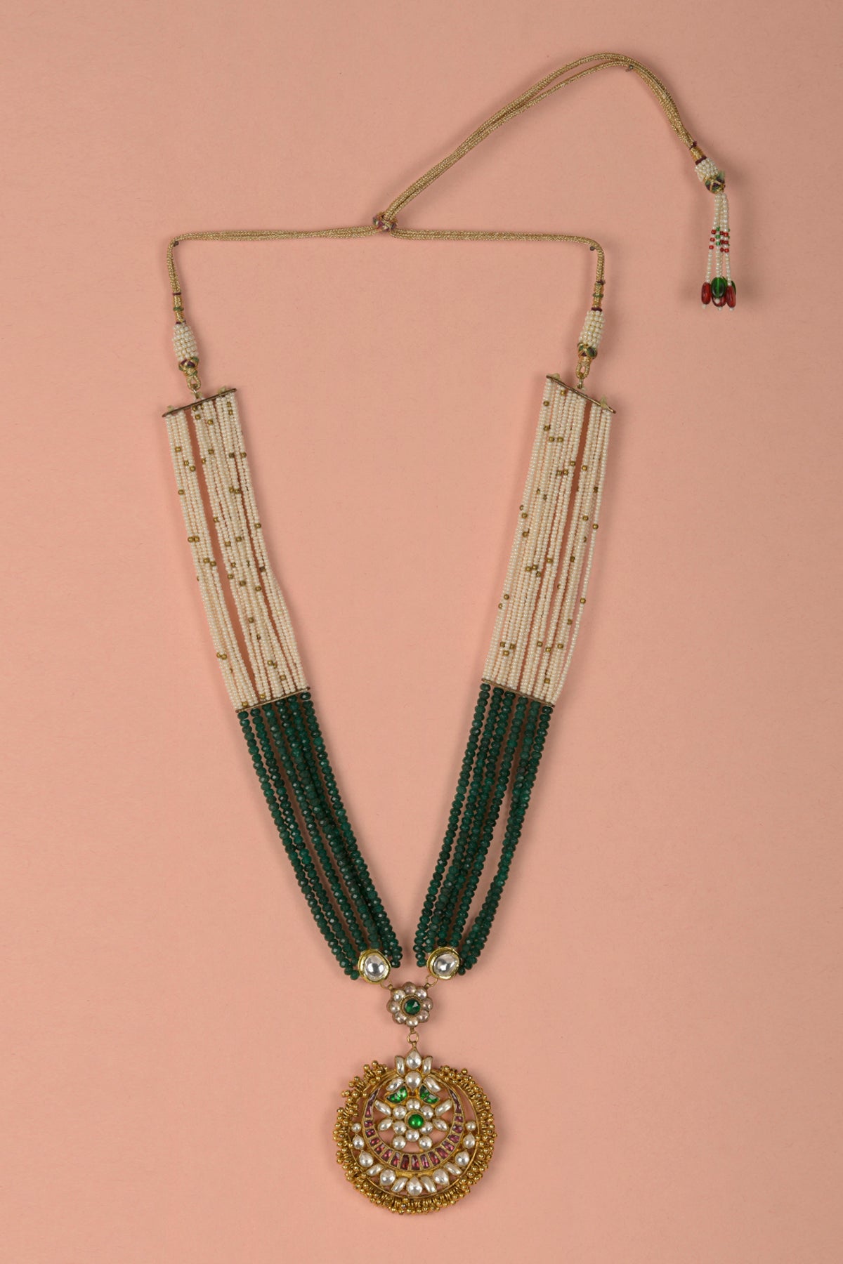 Gold Plated Kundan & Green Stone Multilayered Long Necklace