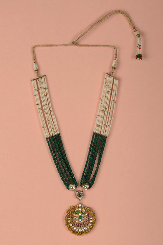 Gold Plated Kundan & Green Stone Multilayered Long Necklace