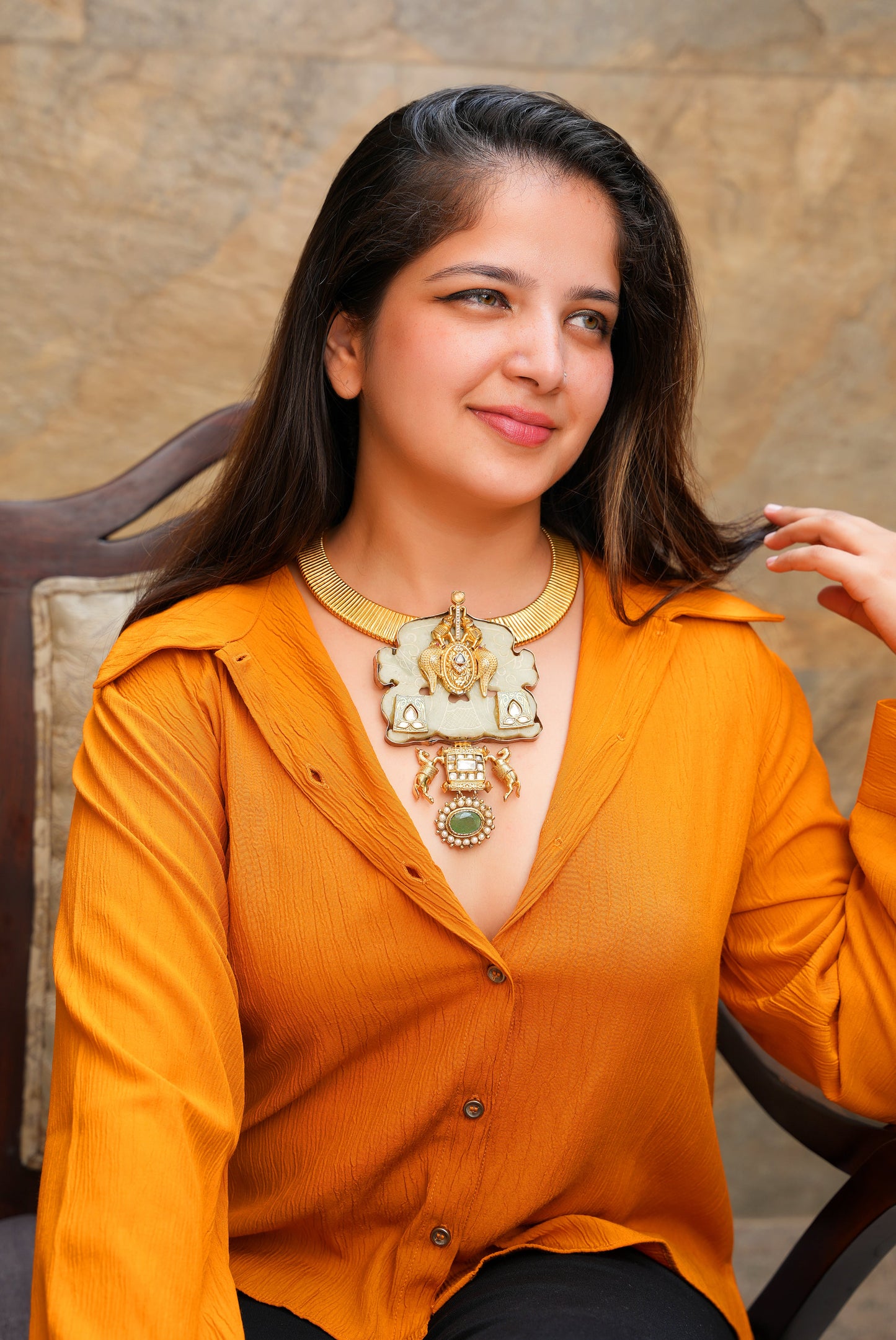 Regal Antique Gold Hasli Choker | Artisan Heritage Necklace with Carved Jade Shield, Royal Horses, Elephants & Emerald Drops