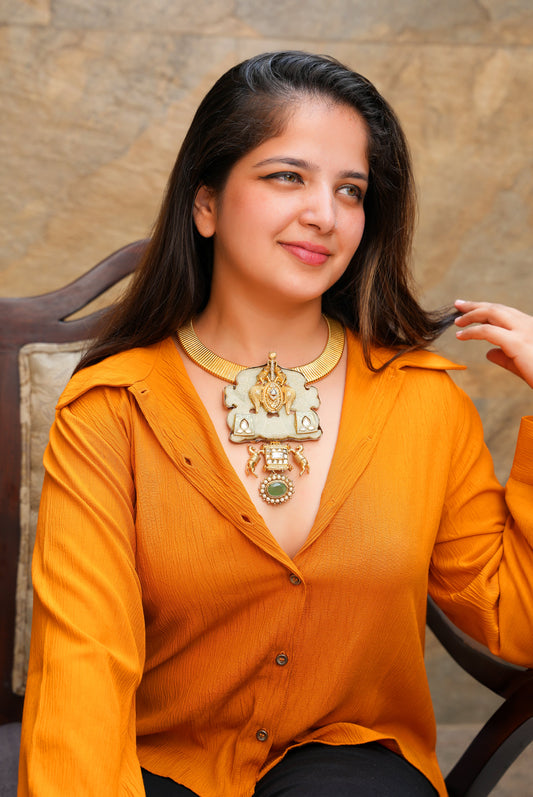 Regal Antique Gold Hasli Choker | Artisan Heritage Necklace with Carved Jade Shield, Royal Horses, Elephants & Emerald Drops