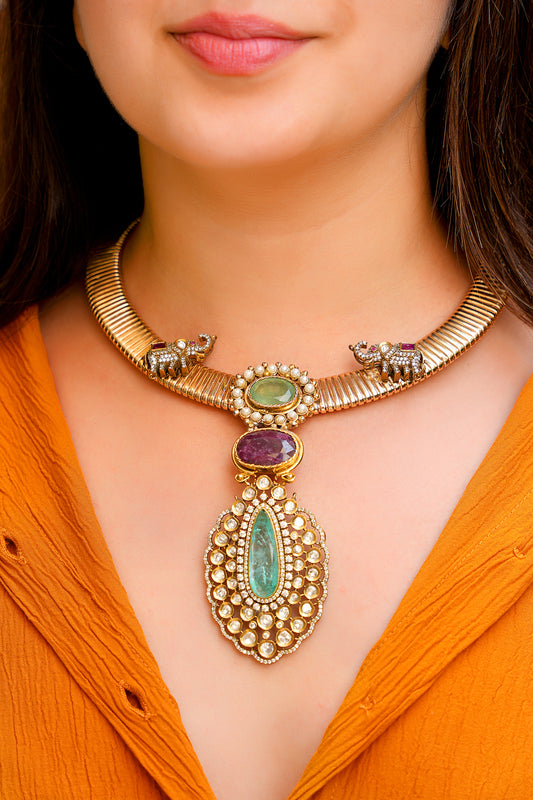 Regal Elephant Motif Heritage Choker | Antique Gold Statement Necklace with Emerald, Ruby & Pearl Accents