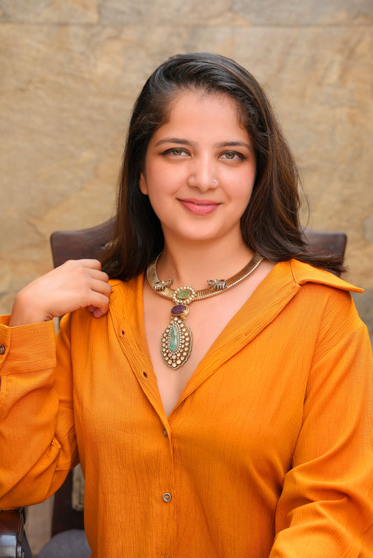 Regal Elephant Motif Heritage Choker | Antique Gold Statement Necklace with Emerald, Ruby & Pearl Accents