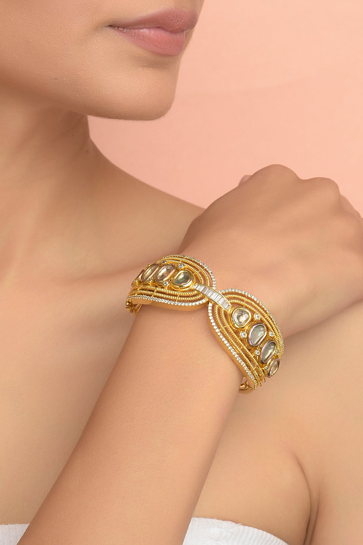 Gold Plated Kundan Polki & American Diamond Bracelet