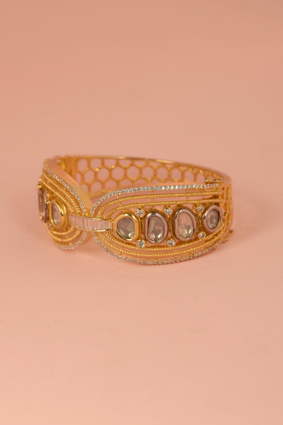 Gold Plated Kundan Polki & American Diamond Bracelet