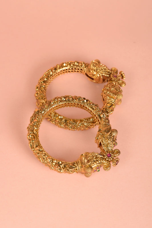 Gold Plated Elephant Head Carved Bangles