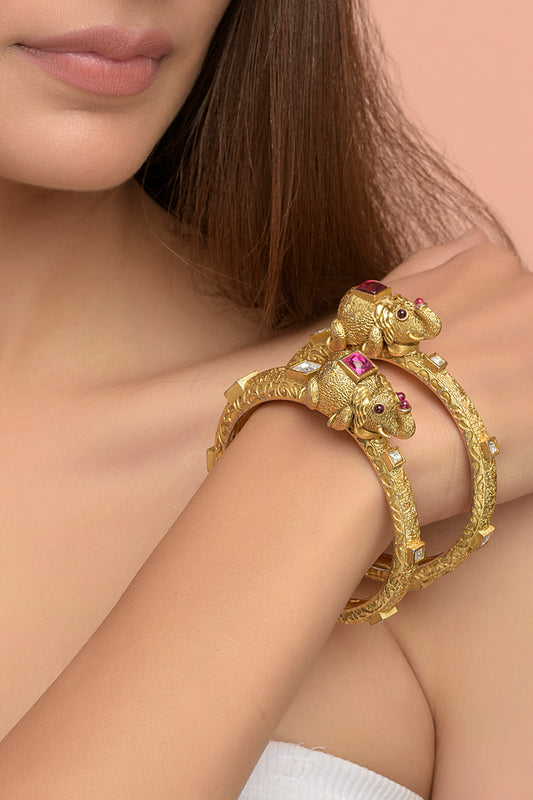 Gold Finish Kundan Polki Bangles (Set of 2)