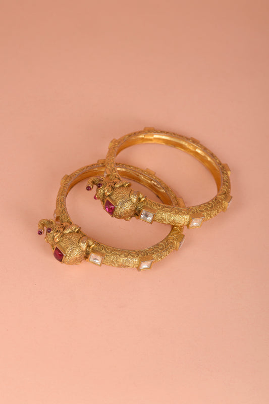 Gold Finish Kundan Polki Bangles (Set of 2)