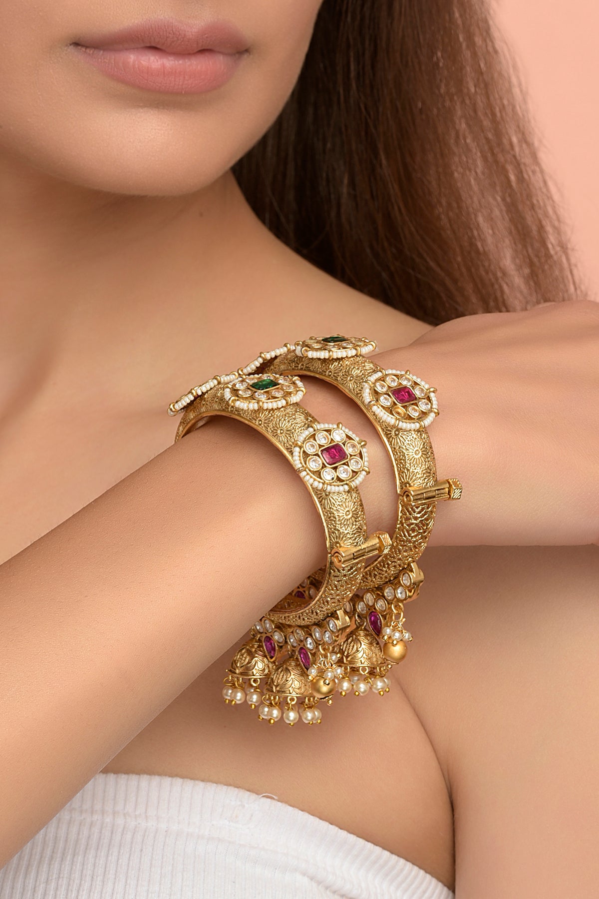 Gold Plated Kundan Poli Bangles with jhumkis