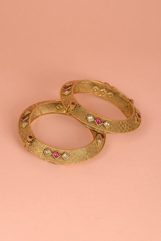 Gold Plated Kundan Polki Bangles with Antique finish