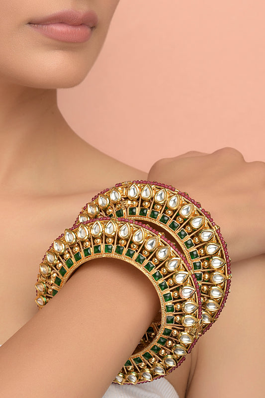 Gold Plated Kundan Polki & Green Stone Bracelets