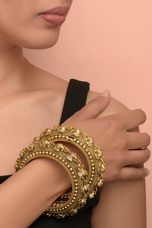 Gold Plated Carved Temple Bangles with multi elephant heads