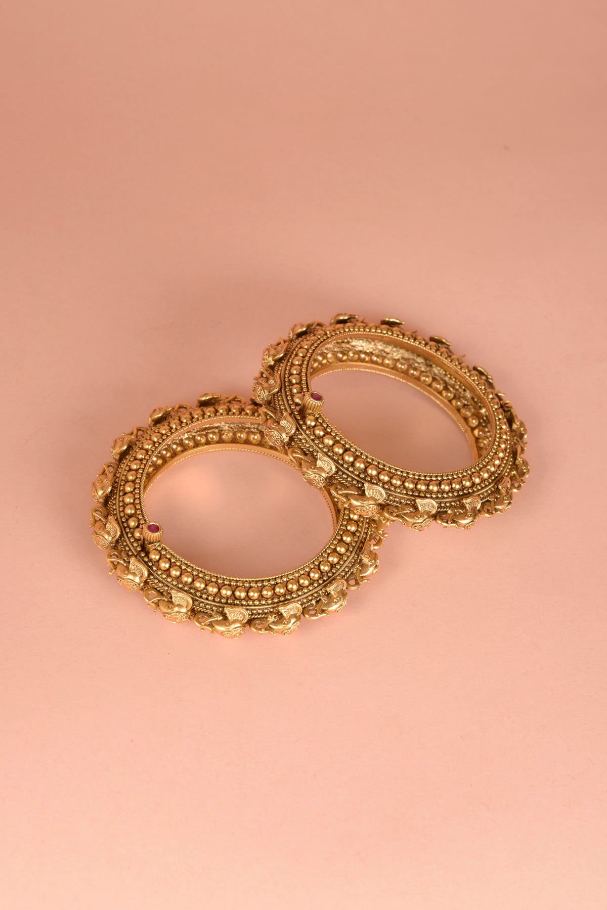 Gold Plated Carved Temple Bangles with multi elephant heads