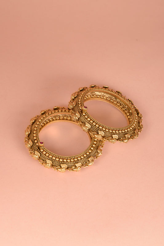 Gold Plated Carved Temple Bangles with multi elephant heads