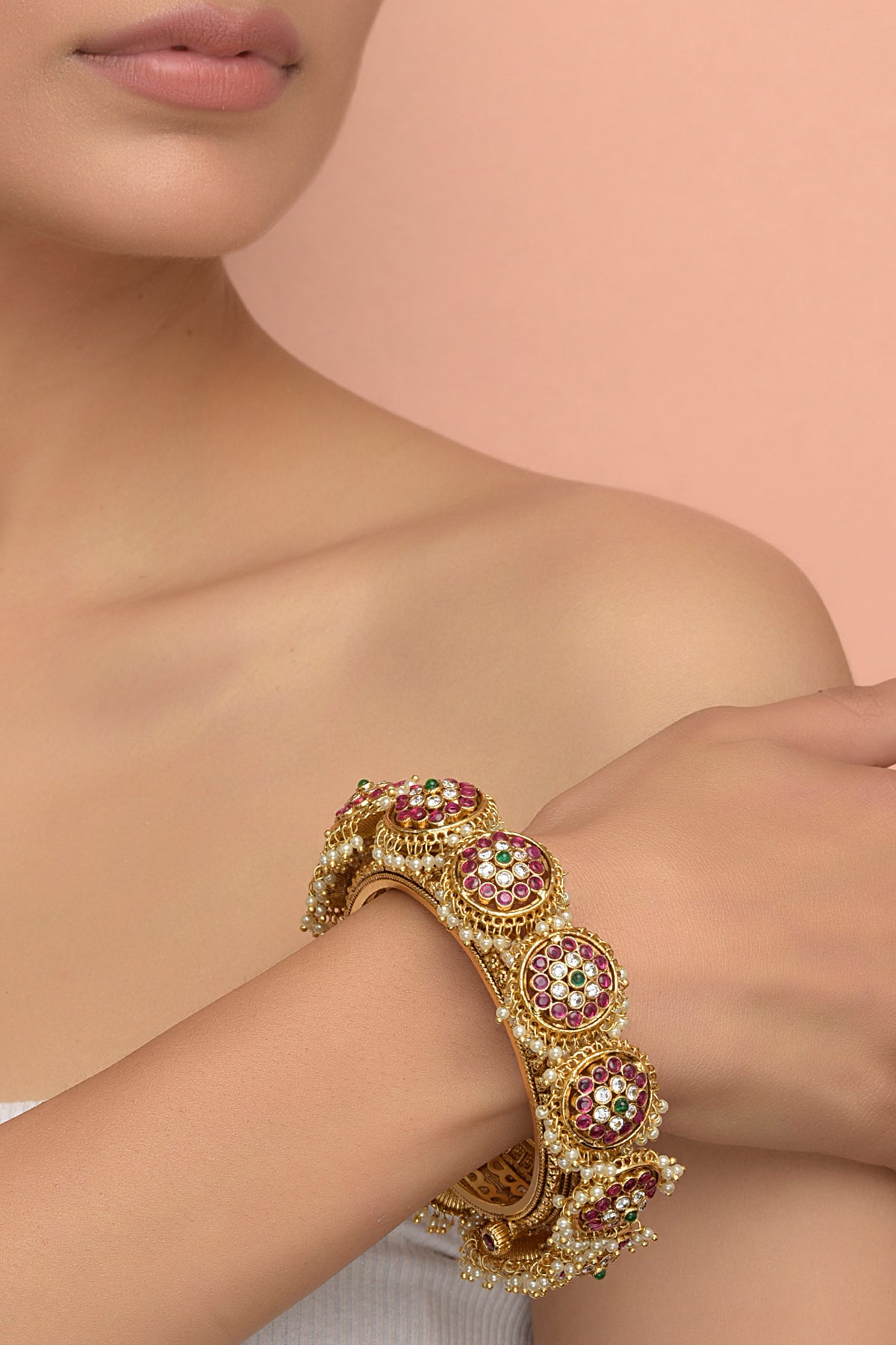 Gold Plated Ruby & Pearl Bracelet