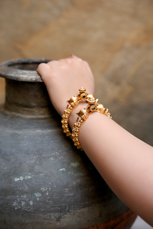 Gold Plated Carved Temple Bangles (Set of 2)