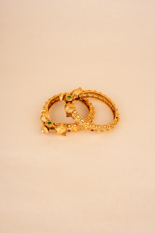Gold Plated Carved Temple Bangles (Set of 2)