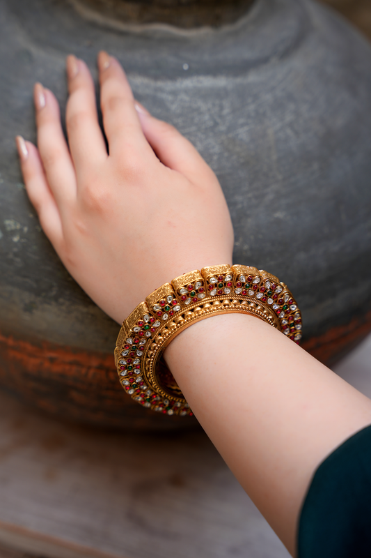 Gold Plated Bracelet wih Red & Green Stones
