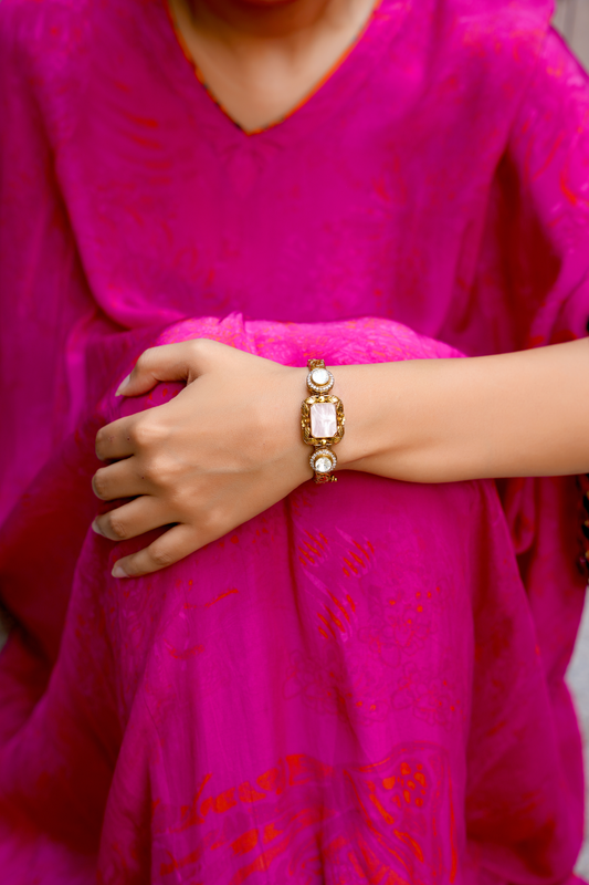 Gold Plated Bracelet with Pink Stone & Kundan Polki