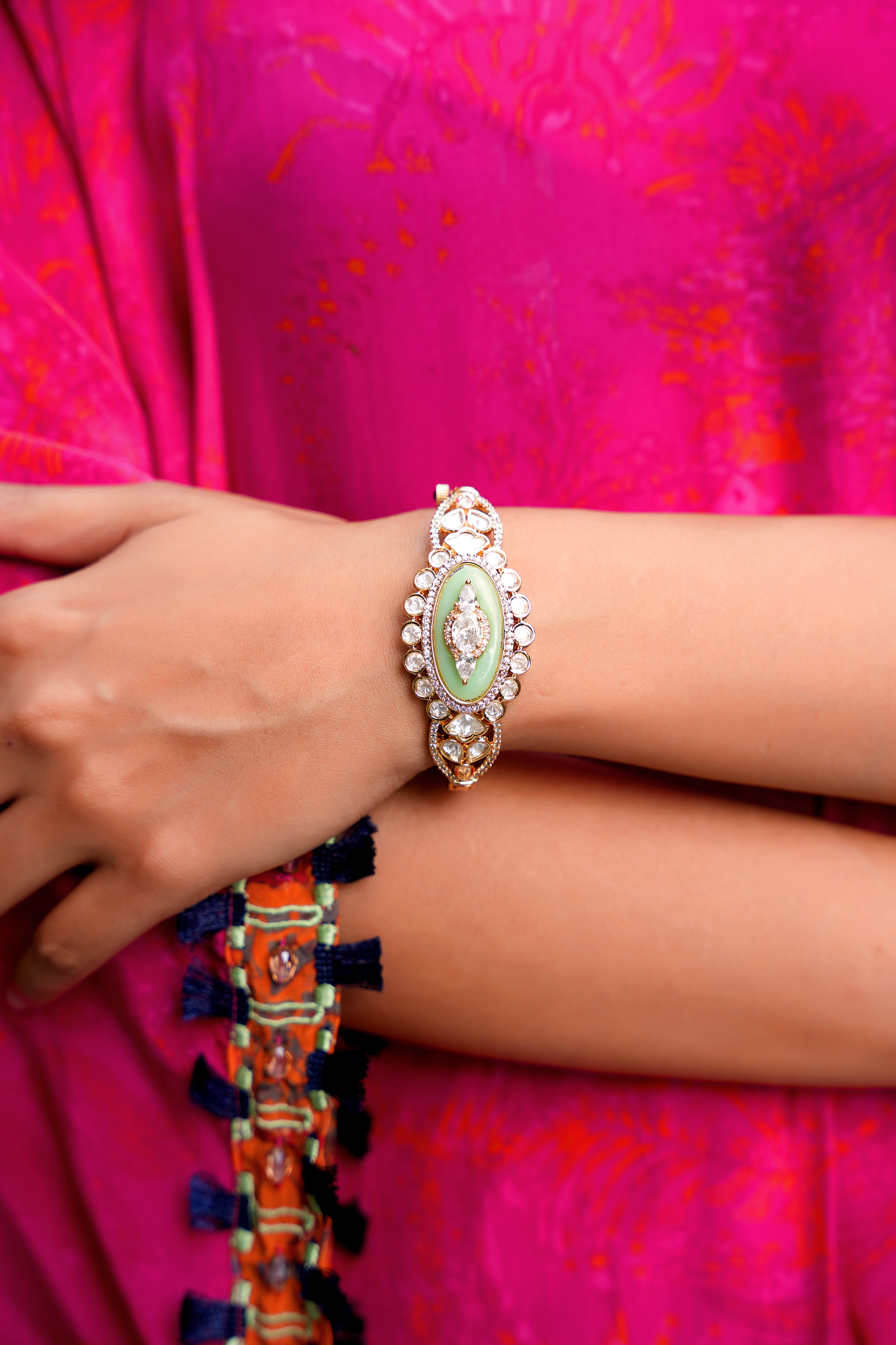 Gold Plated Bracelet with Kundan Polkis & Green Stone
