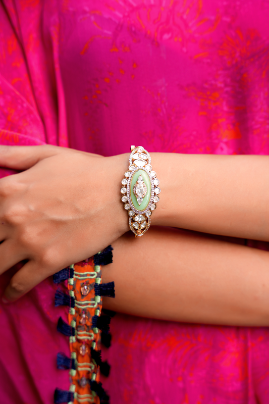 Gold Plated Bracelet with Kundan Polkis & Green Stone