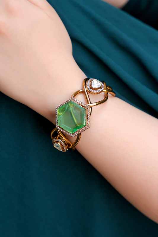 Gold Plated Cuff with a Green stone & Polkis