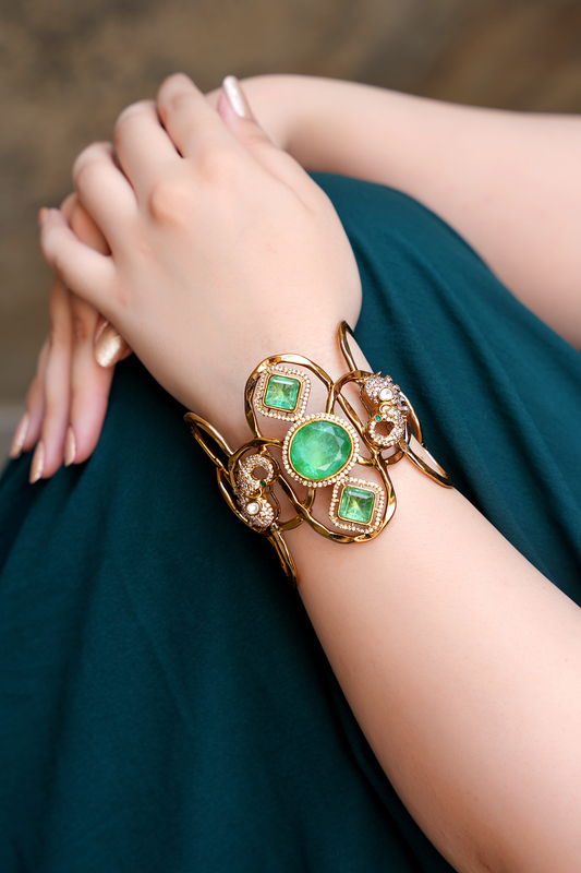 Gold Plated Cuff with Green stones & Peacock motif with American Diamonds