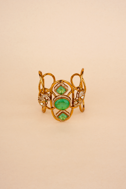 Gold Plated Cuff with Green stones & Peacock motif with American Diamonds
