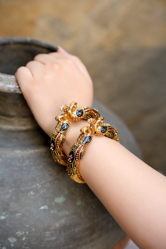 Gold Plated Carved Enamelled Peacock Bangles (Set of 2)