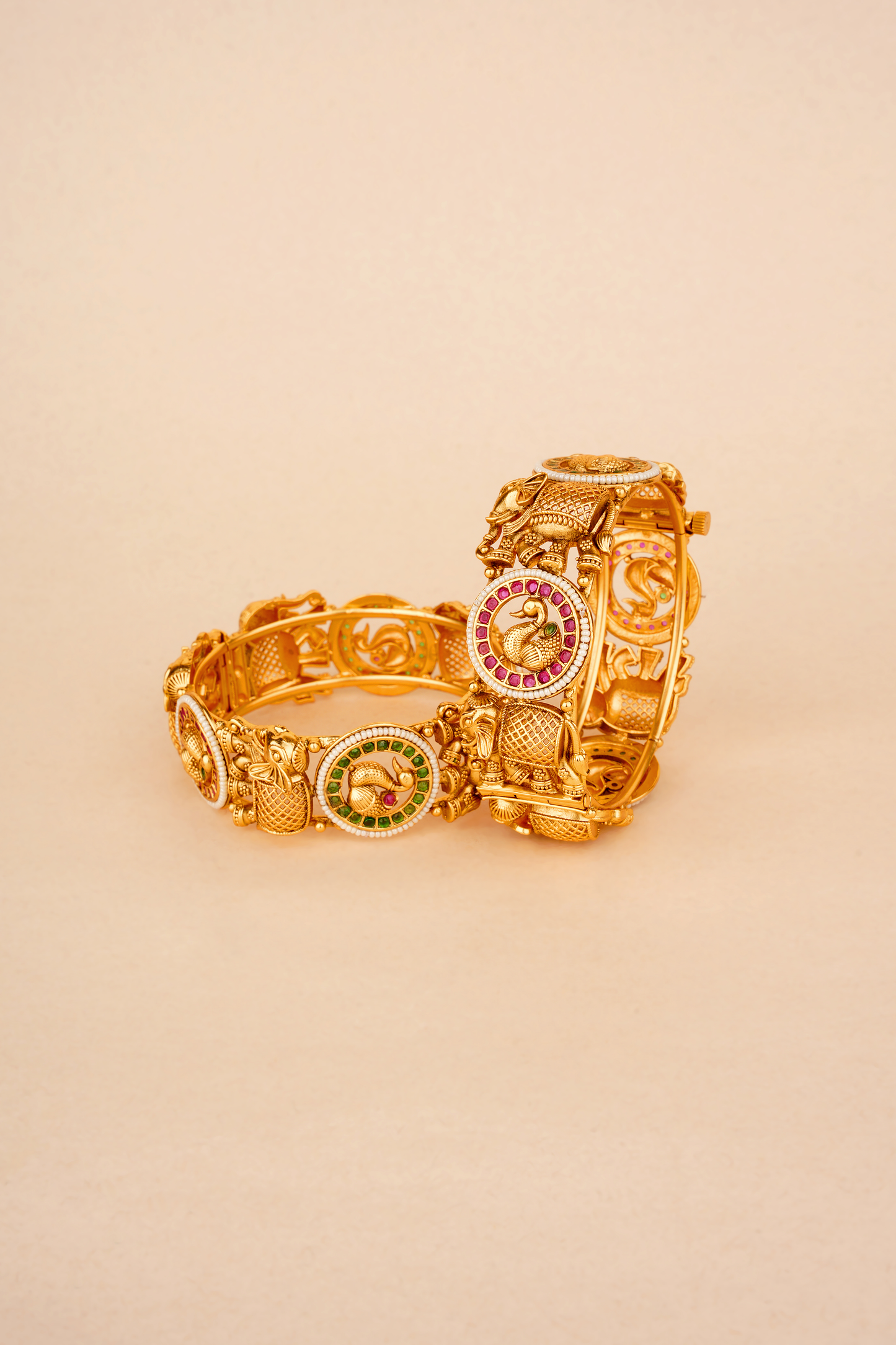 Gold Plated Bangles with Elephant Peacock motif with Red & Green stones