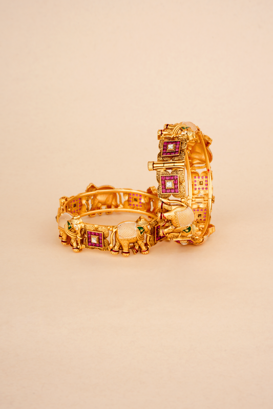 Gold Plated Bangles with Elephant motif & Red stones