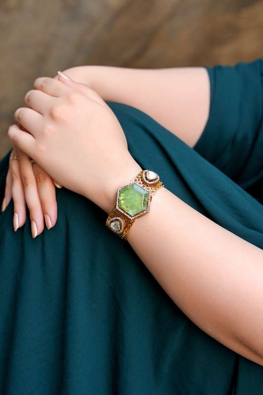 Gold Plated Bracelet with a Green stone & Polkis
