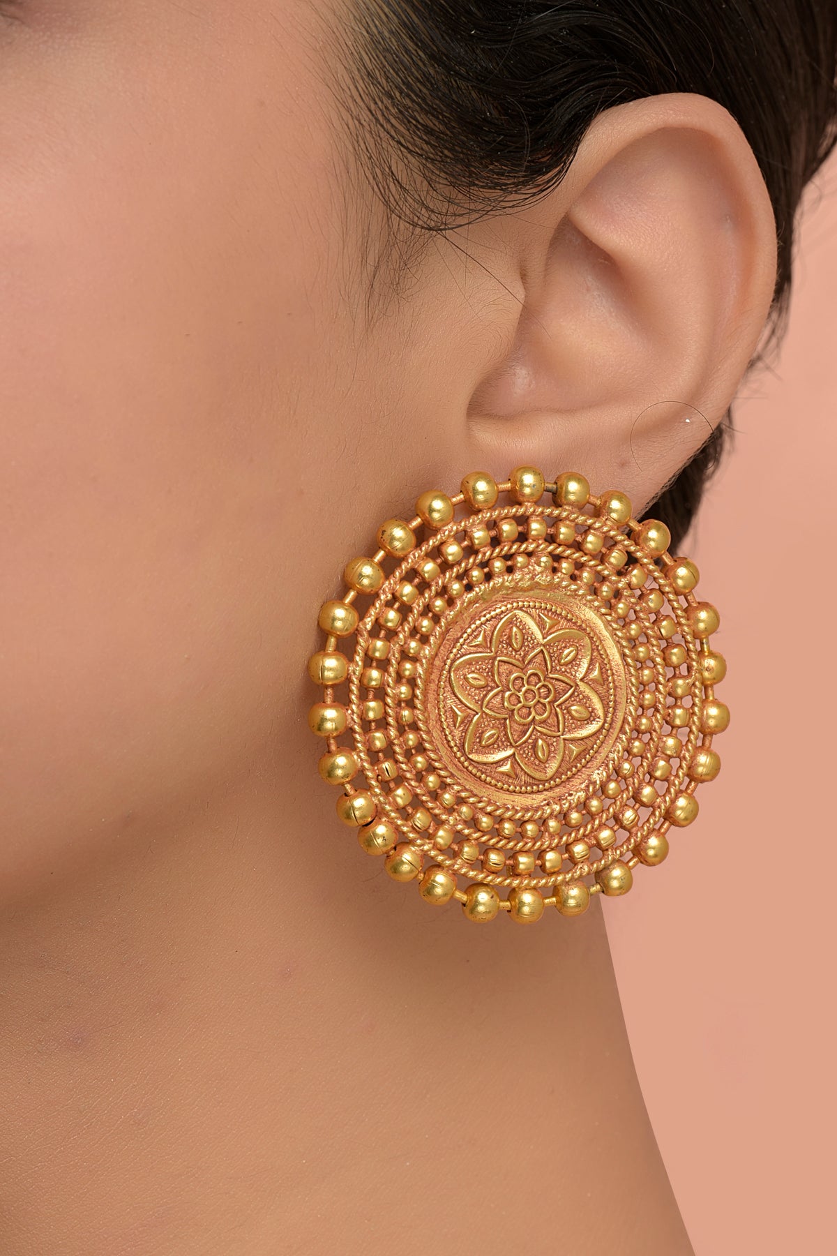 Gold Plated Carved Disc Earrings