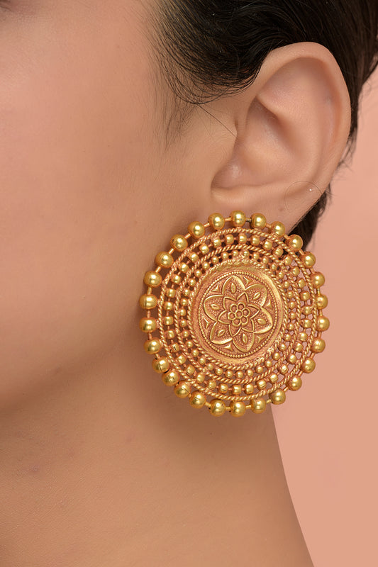 Gold Plated Carved Disc Earrings