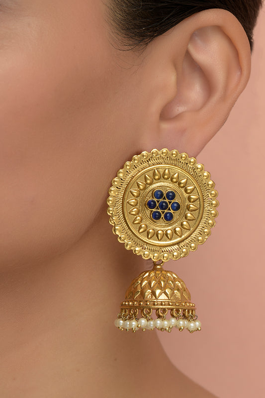 Gold plated Carved Disc Earrings with Jhumka