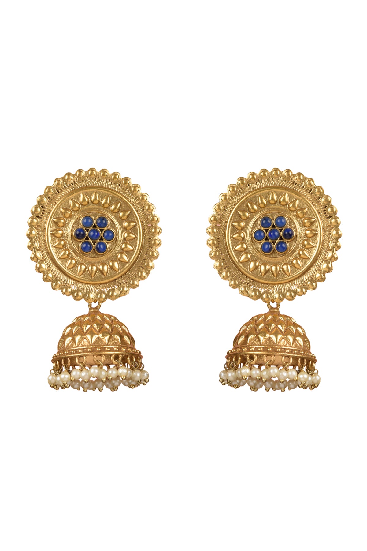 Gold plated Carved Disc Earrings with Jhumka