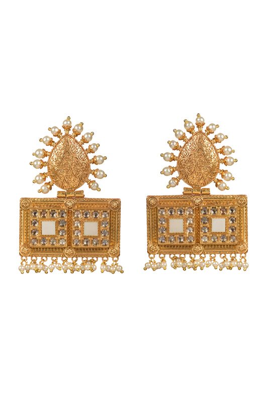Gold Plated Kundan Polki & Pearls Dangler Earrings