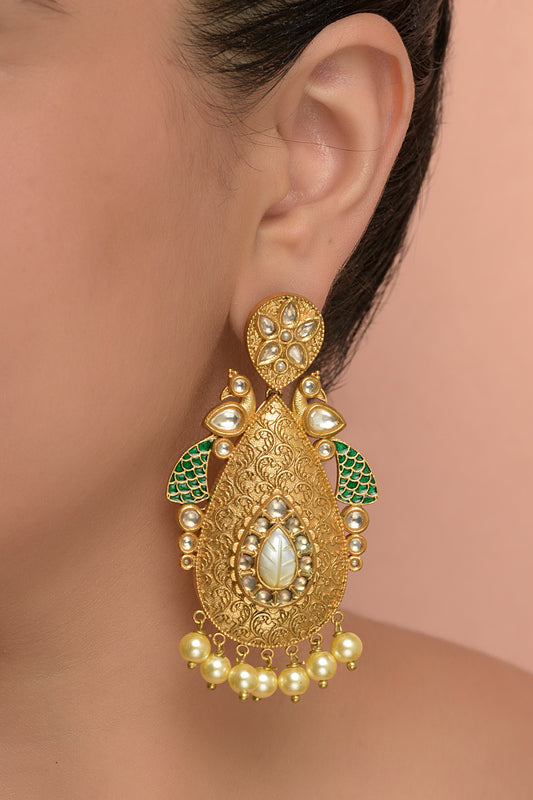 Gold Plated Carved Kundan Polki Peacock Dangler Earrings