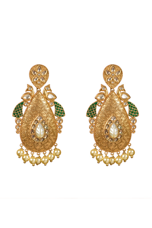 Gold Plated Carved Kundan Polki Peacock Dangler Earrings