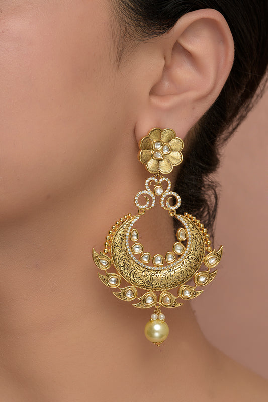 Gold Plated Carved Kundan Polki Chandbali Earrings