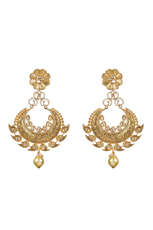Gold Plated Carved Kundan Polki Chandbali Earrings