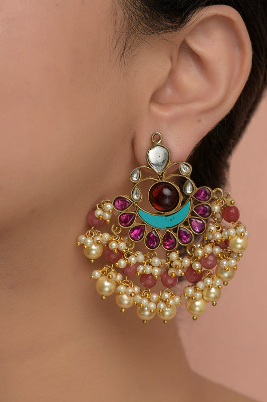 Gold Plated Ruby Stone & Pearl Chandbaali Earrings