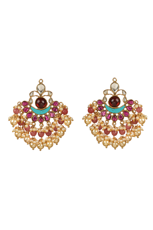 Gold Plated Ruby Stone & Pearl Chandbaali Earrings